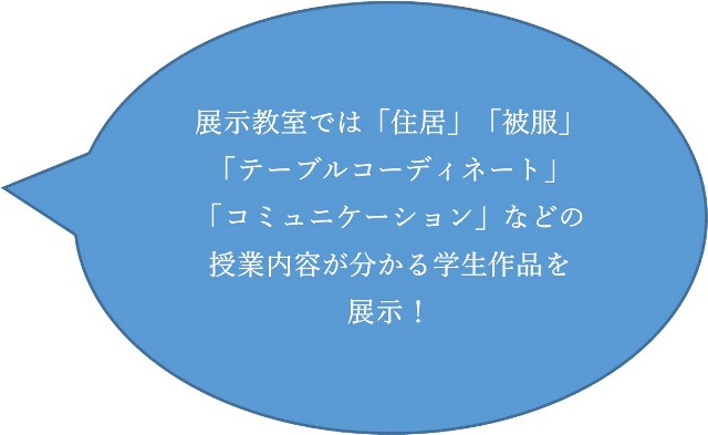 展示教室では「住居」「被服」「テーブルコーディネート」「コミュニケーション」などの授業内容がわかる学生作品を展示